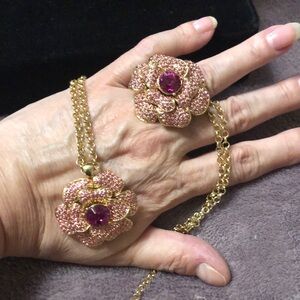 Kate Spade Damask Rose Pink and Gold Flower Necklace & Ring 7